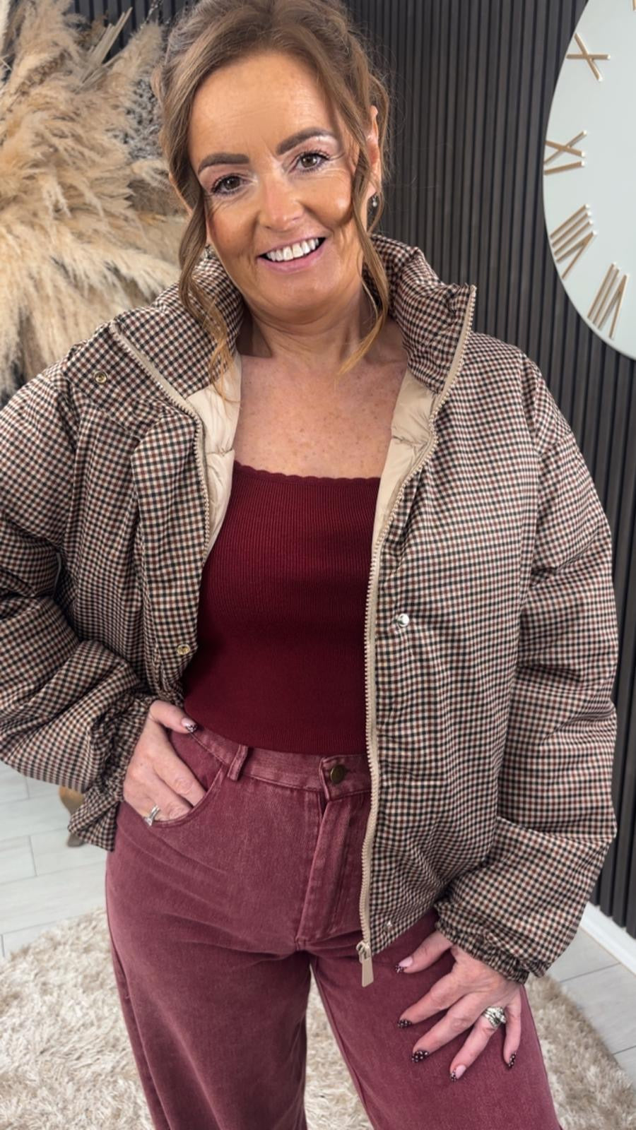 MEGAN PUFFER JACKET - BROWN CHECK