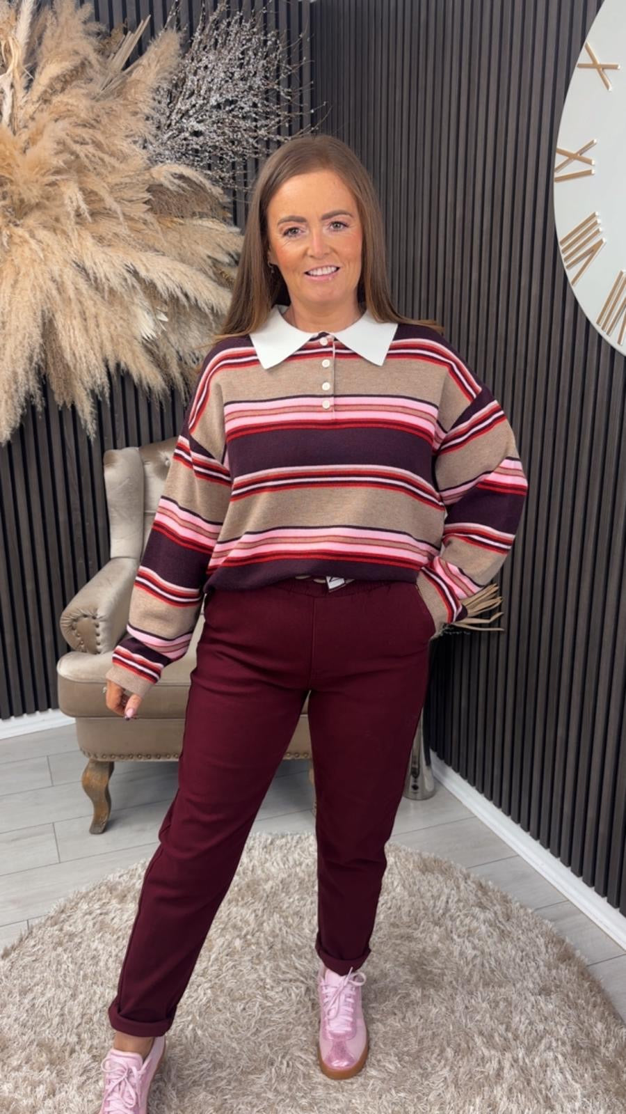 AMANDA JUMPER - TAUPE/BURGUNDY