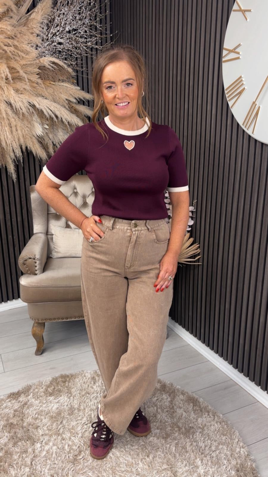ADRINA TOP - BURGUNDY/BEIGE
