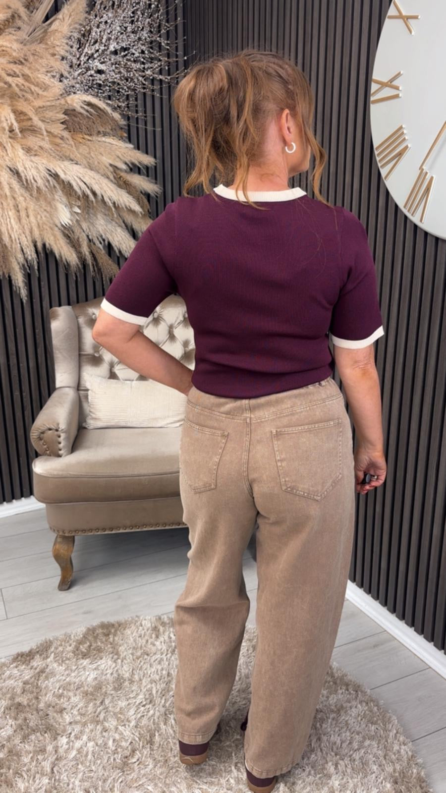 ADRINA TOP - BURGUNDY/BEIGE