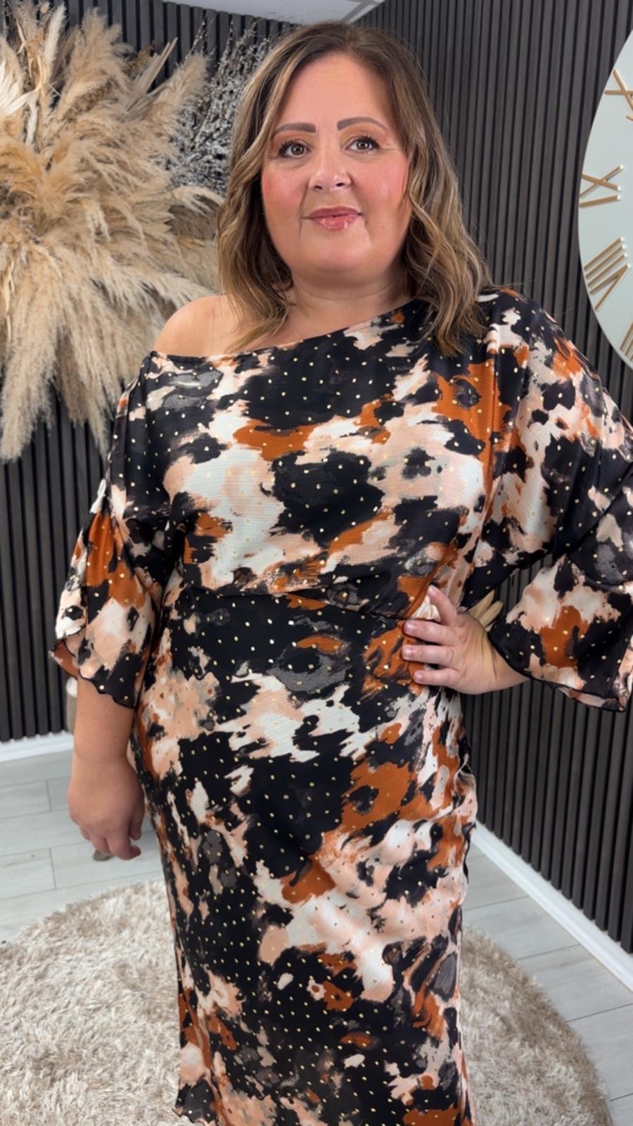 LEILA OFF SHOULDER DRESS - BROWN