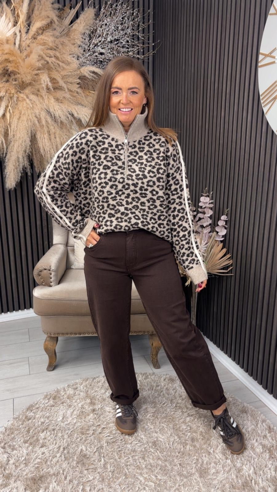 BETHANY HALF ZIP - TAUPE ANIMAL