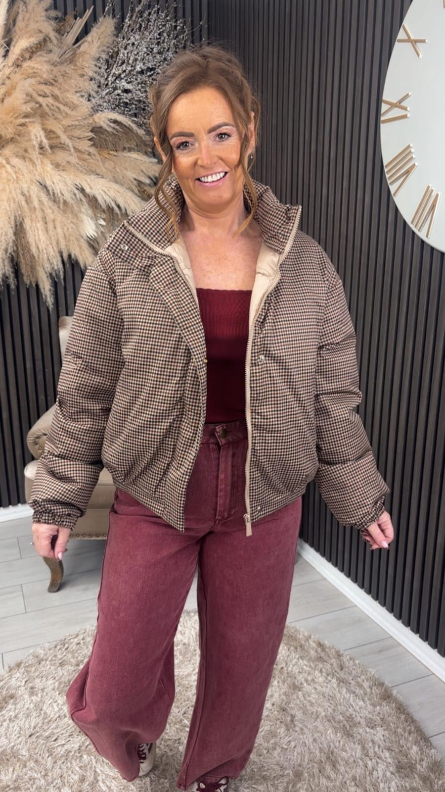 MEGAN PUFFER JACKET - BROWN CHECK