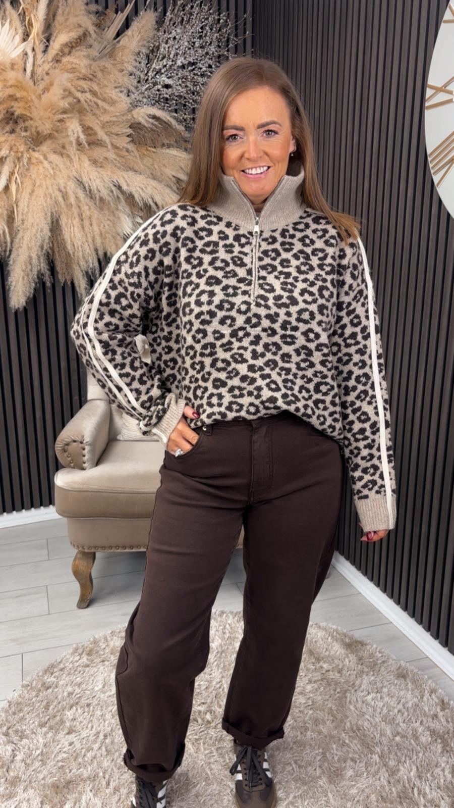 BETHANY HALF ZIP - TAUPE ANIMAL