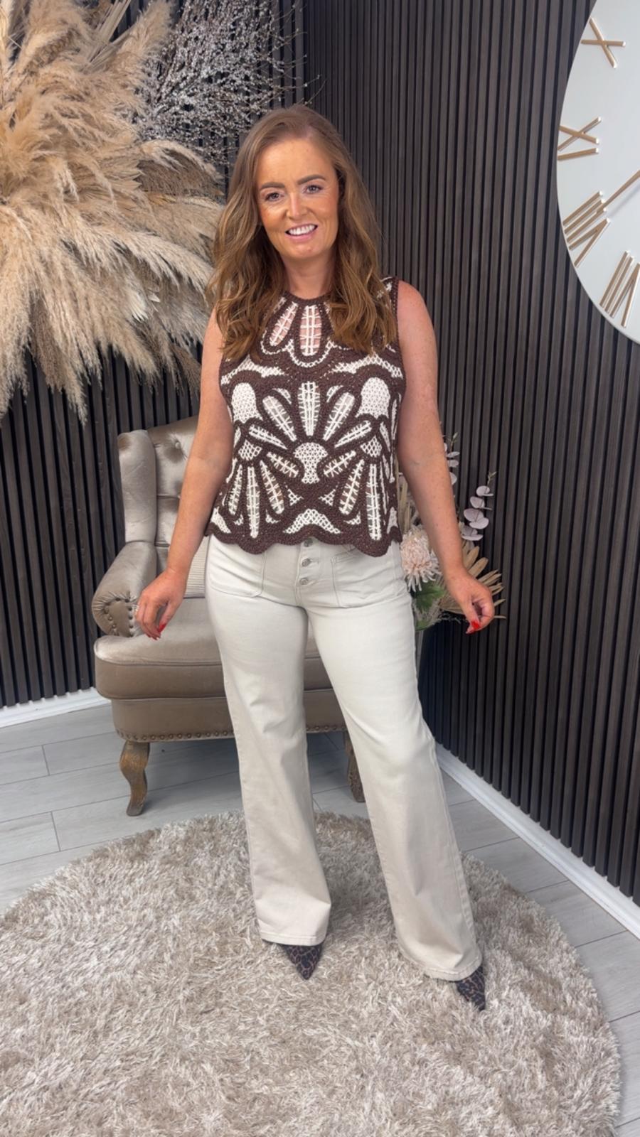 VERITY CROCHET TOP - BROWN/CREAM