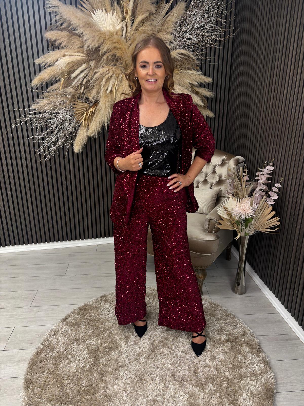 NUALA TROUSERS - WINE SEQUIN