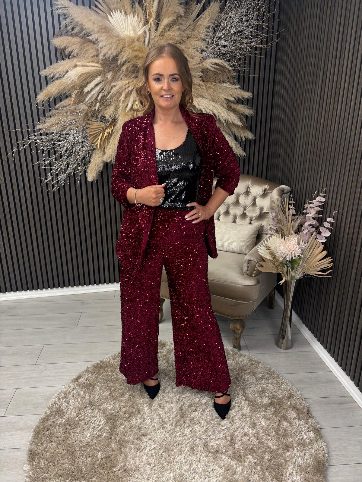 NUALA TROUSERS - WINE SEQUIN