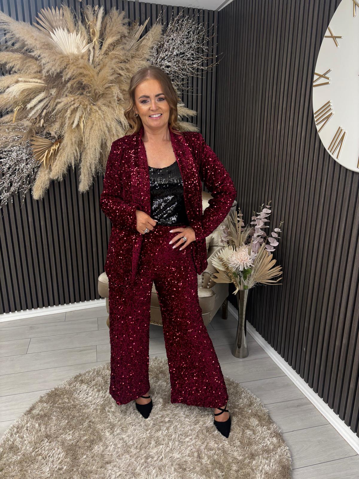 NUALA TROUSERS - WINE SEQUIN